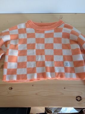Classic Checkerboard Cropped Crewneck Sweater - Peach & Cream